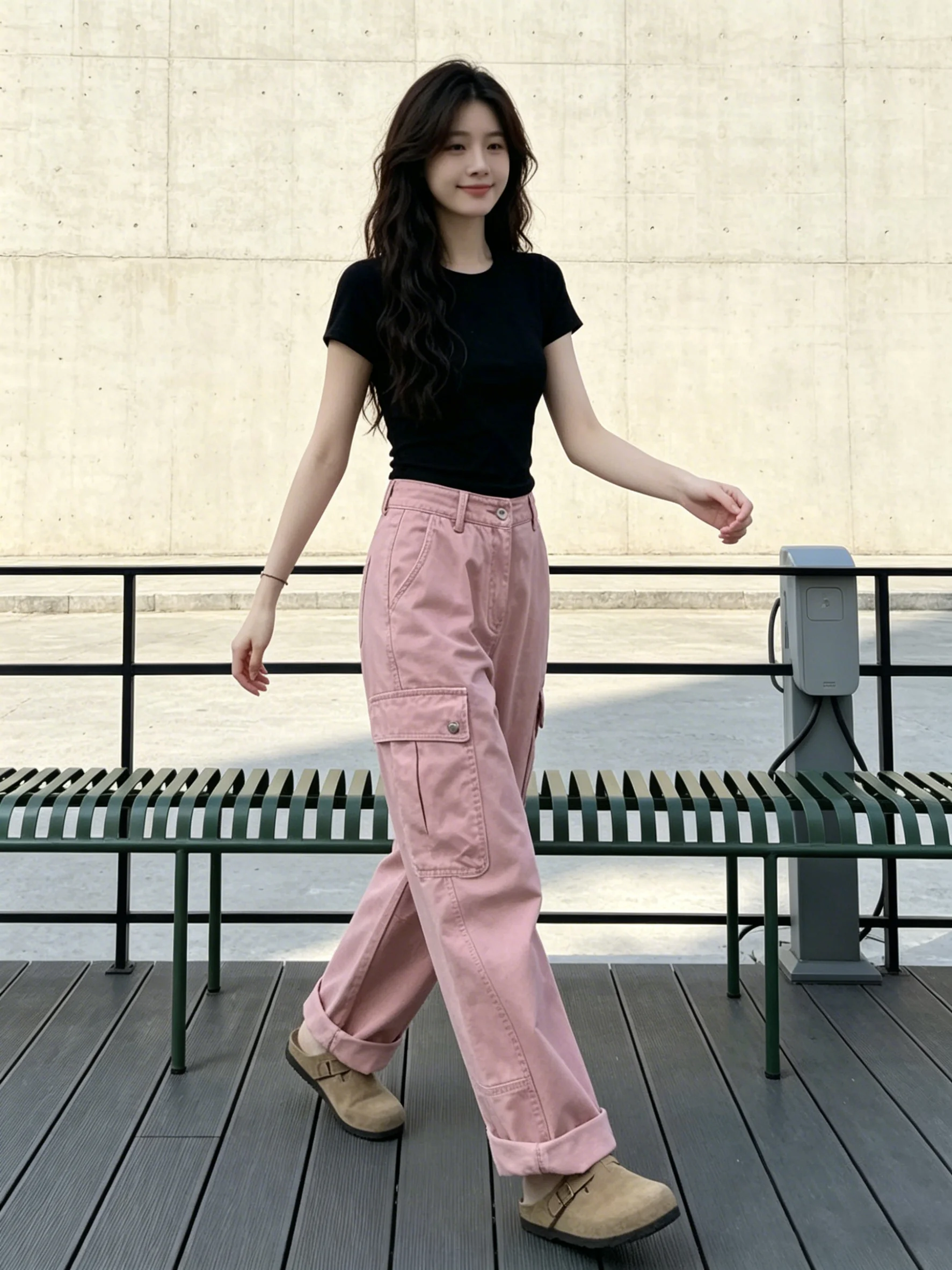 Korean Style Women's Pink Work Trousers Multi-Pocket Design Summer 2026 Loose Casual Wide Leg Pants High Waist Zipper