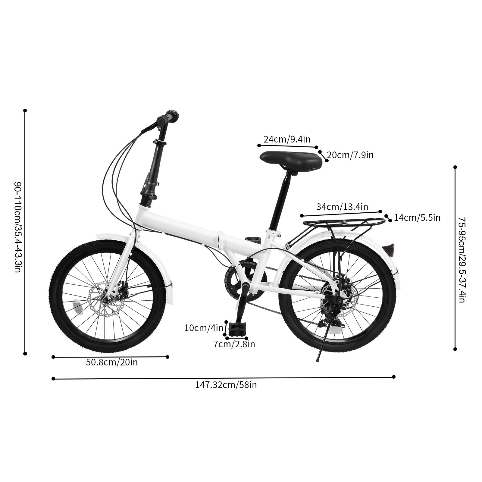 Compact and Comfortable Folding Bicycle with 7 Gears, Adjustable Seat and Handlebars, Disc Brakes, Reflective Pedals for Safe