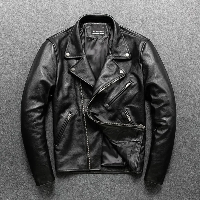 YR!Free shipping.2024 black cowhide jacket,biker style slim leather clothes,Man fashion genuine coat,Moto Men