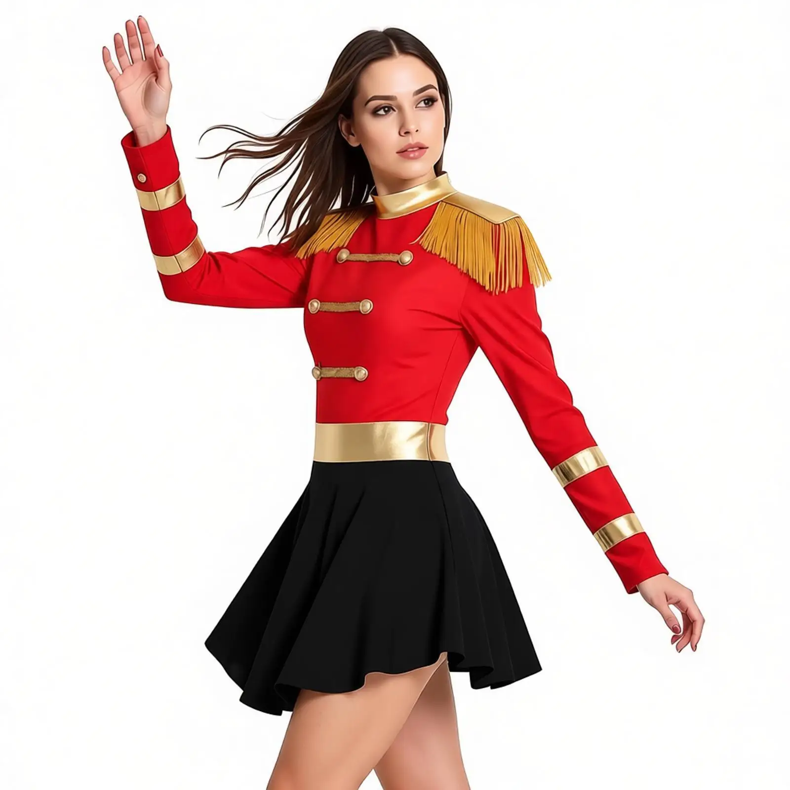 Women Circus Ringmaster Cosplay Costume Long Sleeve Fringe Shoulder Leotard Dress for Halloween Carnival Clown Performance Dress