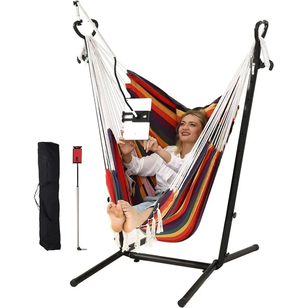 

Двойное кресло-гамак со стойкой, в богемном стиле, с кисточками, подставкой для телефона, регулируемое, для дома и улицы, с напольным ковриком, нагрузка до 180 кг
