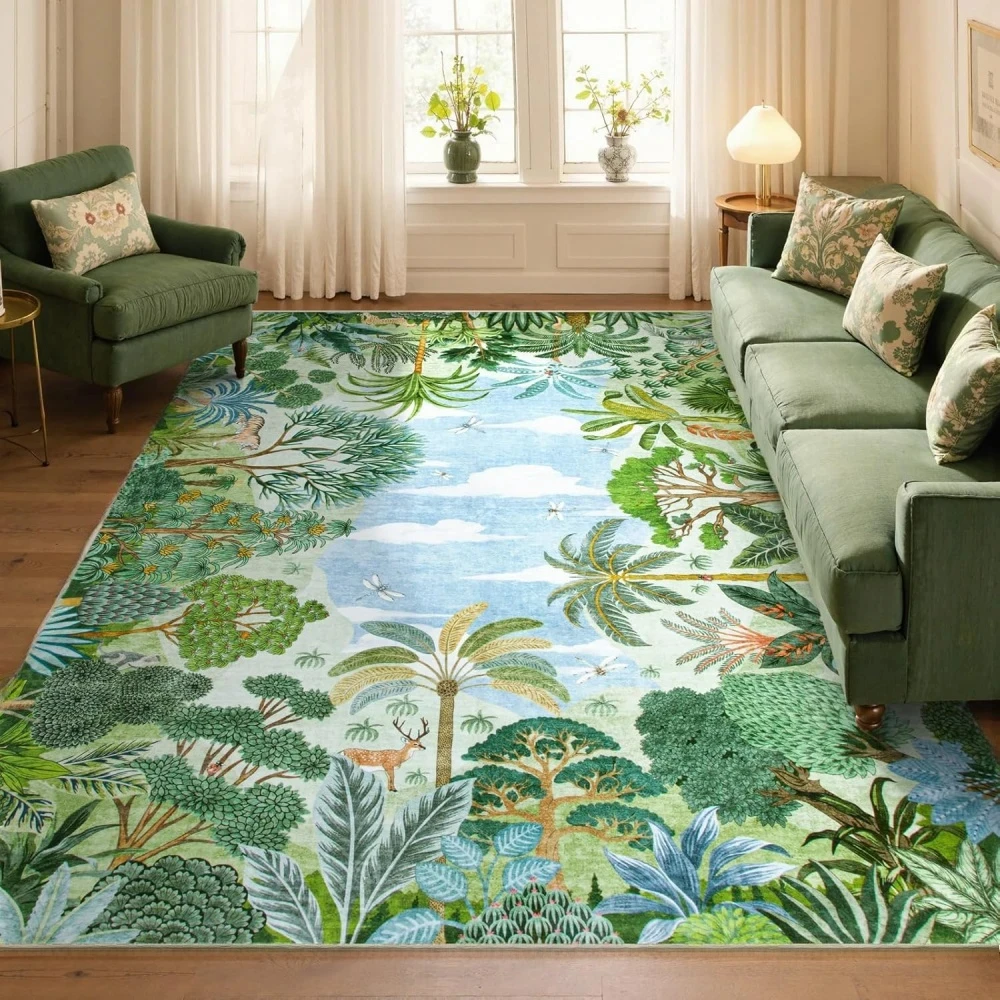 VIKAMA Green Small Fresh Flannel Carpet Living Room Large Area Carpet Green Plant Sofa Mat Bedroom Soft&Comfortable Rug Home Dec