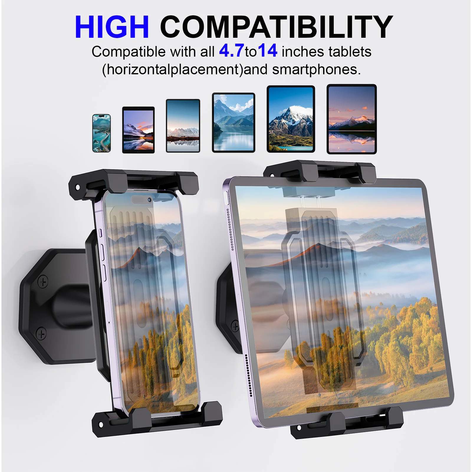 Tablet Wall Mount, 360° Rotation Tablet Holder Stand, Sturdy Base, Kitchen Wall Mount Compatible with IPad/iPhone/All 4.7-14 Inc
