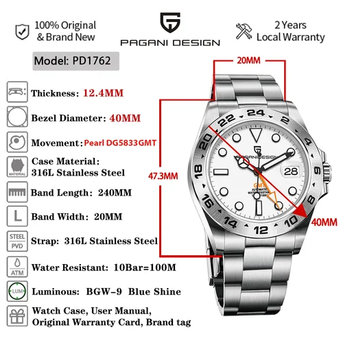 Imagen 2 del producto 2025 nuevo diseño PAGANI DG5833 reloj de pulsera mecánico automático para hombre zafiro acero inoxidable resistente al agua 10Bar BGW-9 reloj hombre