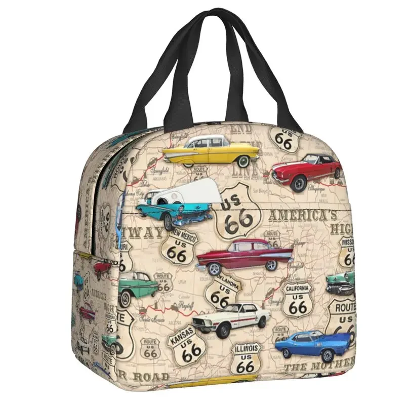 Route 66 Muscle Car Map Insulated Lunch Bag for Camping Travel Thermal Cooler Bento Box Women Children Food Container Tote Bags