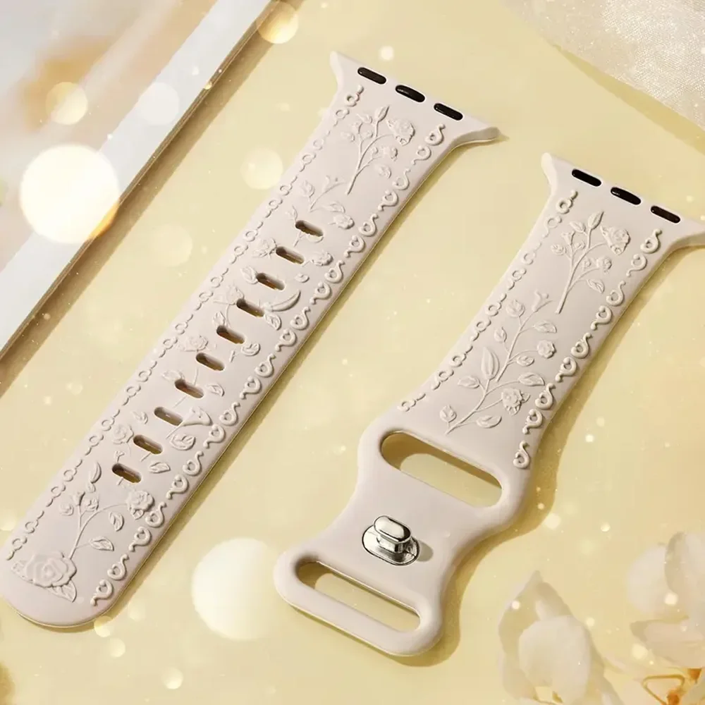Tali Berukir untuk Apple Watch Band 42Mm 44Mm 45Mm 41Mm 40Mm 49Mm Gelang Bunga Silikon Seri Correa 8 9 7 SE 4 5 6 Ultra 2
