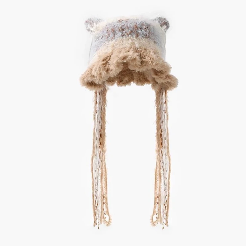 Inverno listrado malha imitação de vison pulôver gorro tendência arco decoração engrossado alça de orelha térmica feminino bombardeiro chapéus