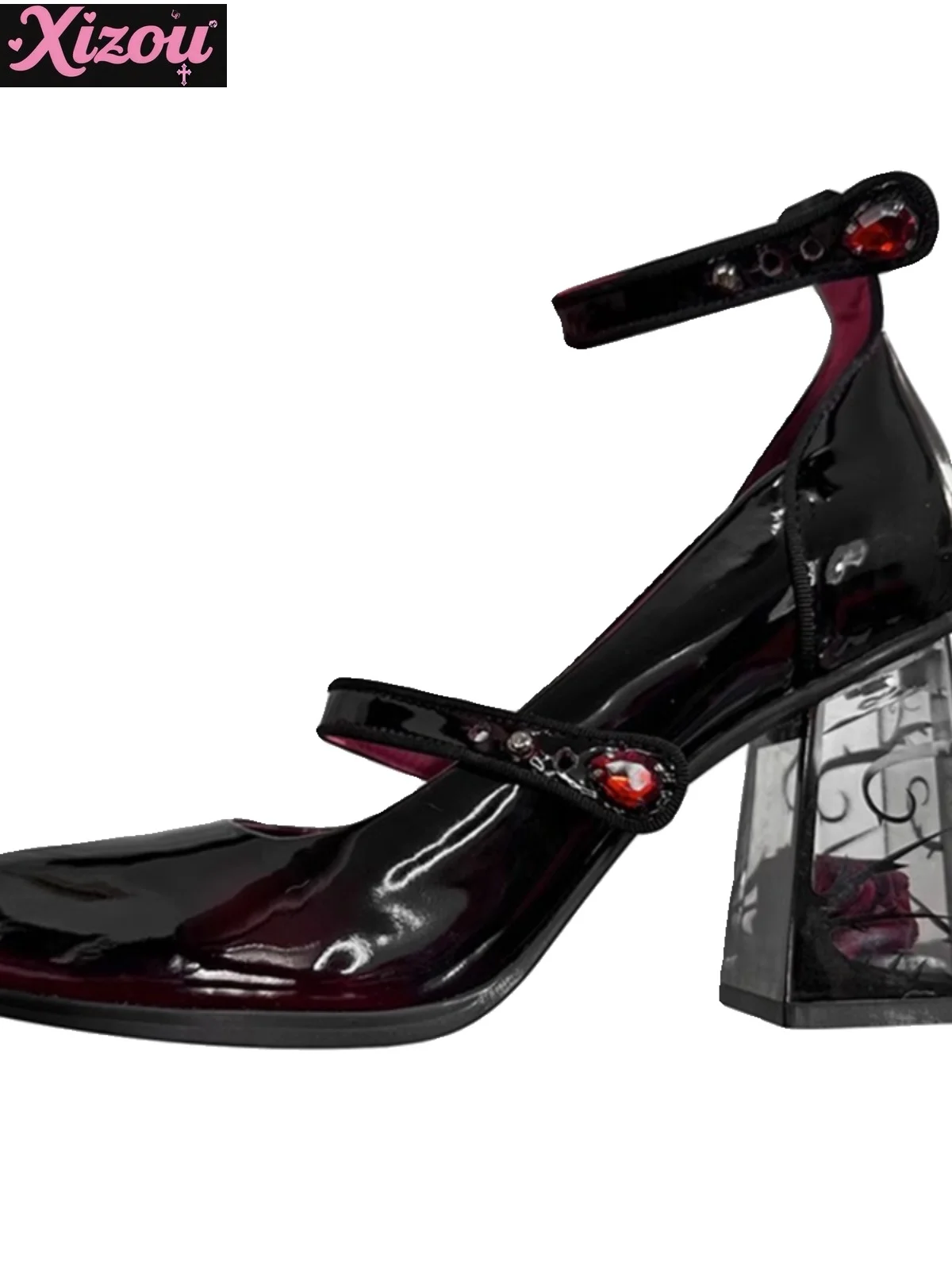 اليابانية الظلام القوطية لوليتا عالية الكعب المرأة كعب سميك ماري جين أحذية شفافة روز حذا فردي للسيدات حذاء من الجلد البريطاني