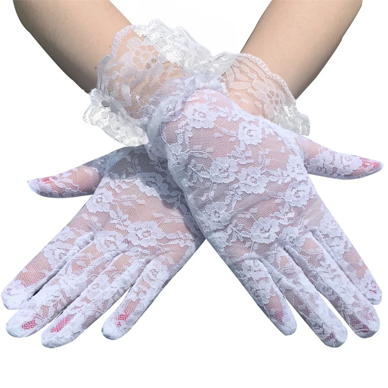 Weibliche dünne sexy schiere florale Spitzenhandschuhe Vollfinger-Fäustlinge Lolita-Kleid Vintage-Handschuhe Brautkleid-Accessoires Weiß Schwarz