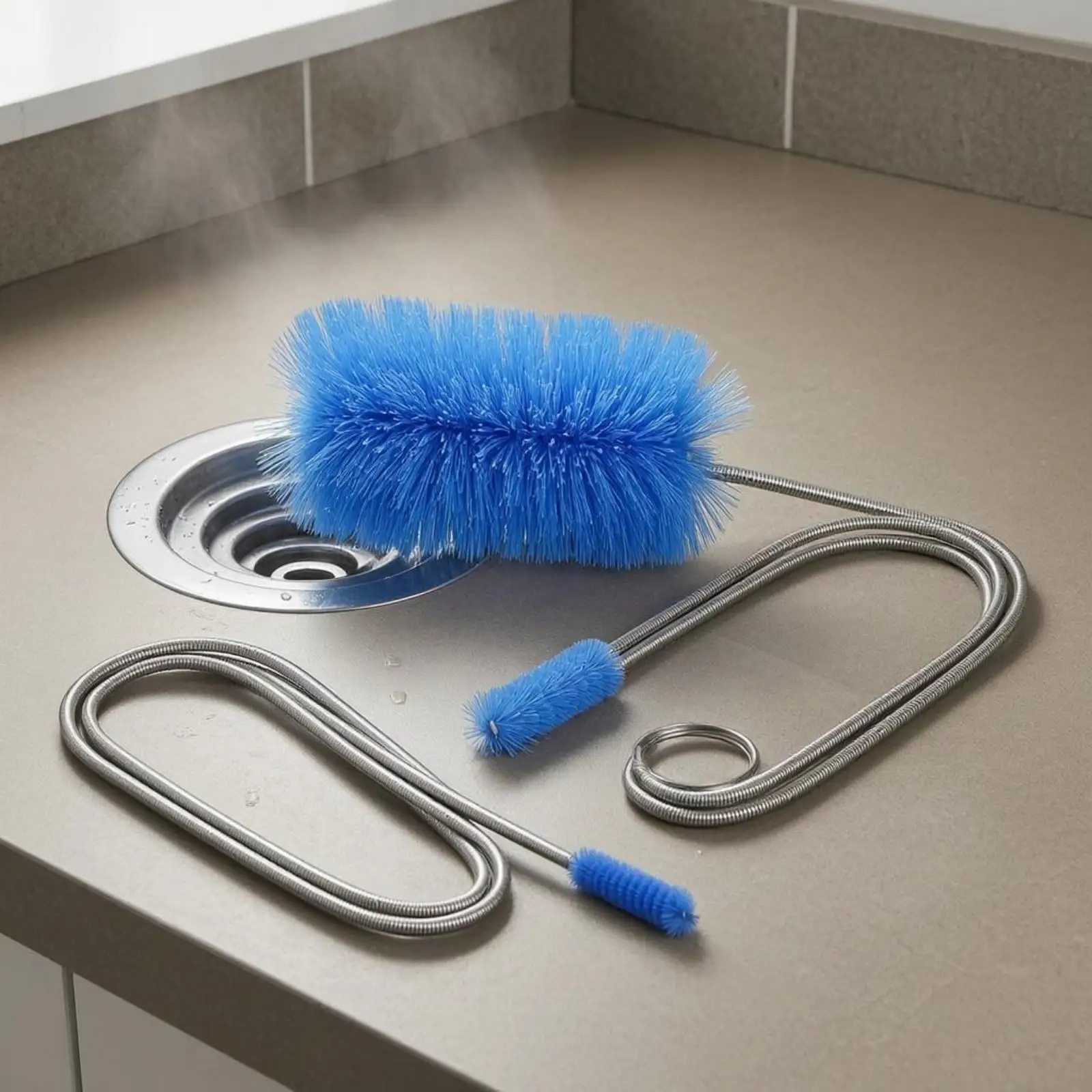 Pipe and Drain Cleaning Brush Kit Blue Head Nylon Tube Scrubber Household Accessory for Kitchen Bathroom and Laundry Sinks