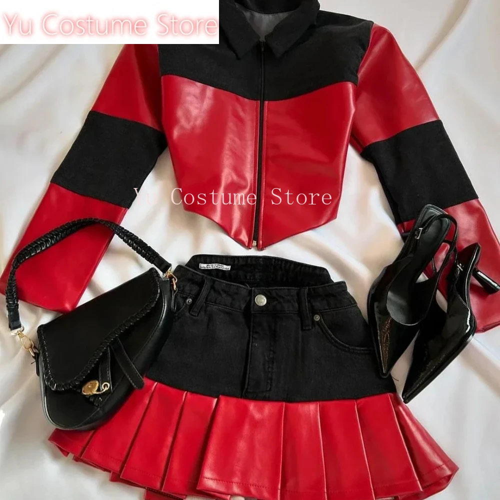 

Y2K Gothic Leather Patchwork Denim Patchwork Two Piece Women Clothes Harajuku Gothic Zip Jacket Mini Denim Pleat Mini Skirt 2025
