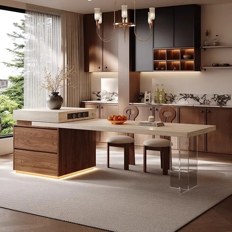 & Mid-century Eco-Friendly Adjustable Island Counter Dining Table with Retractable Stone Kitchen Island