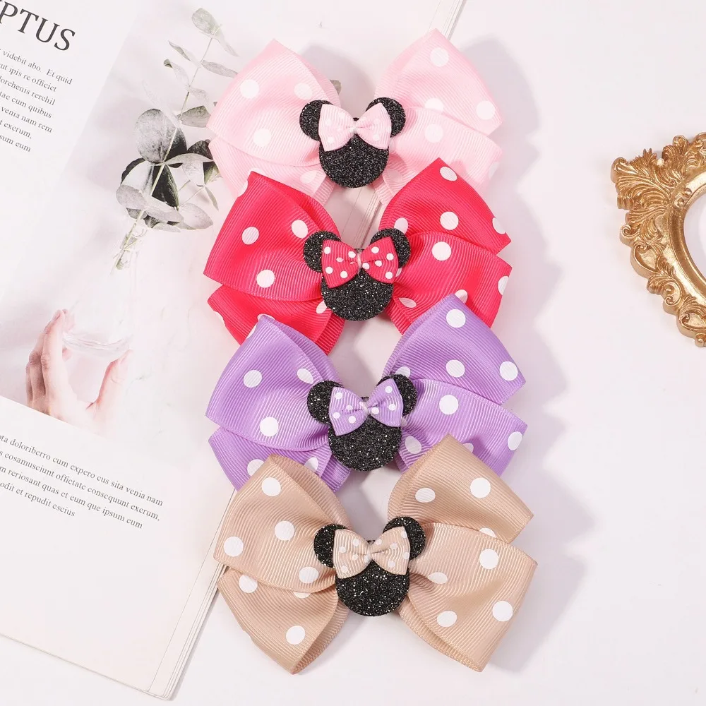 Kawaii Mickey Minnie Sequin Polka Dot Bow Hairpin Accessories 2pcs Anime Cartoon Children Princess Sweet Party Hair Clip Gifts