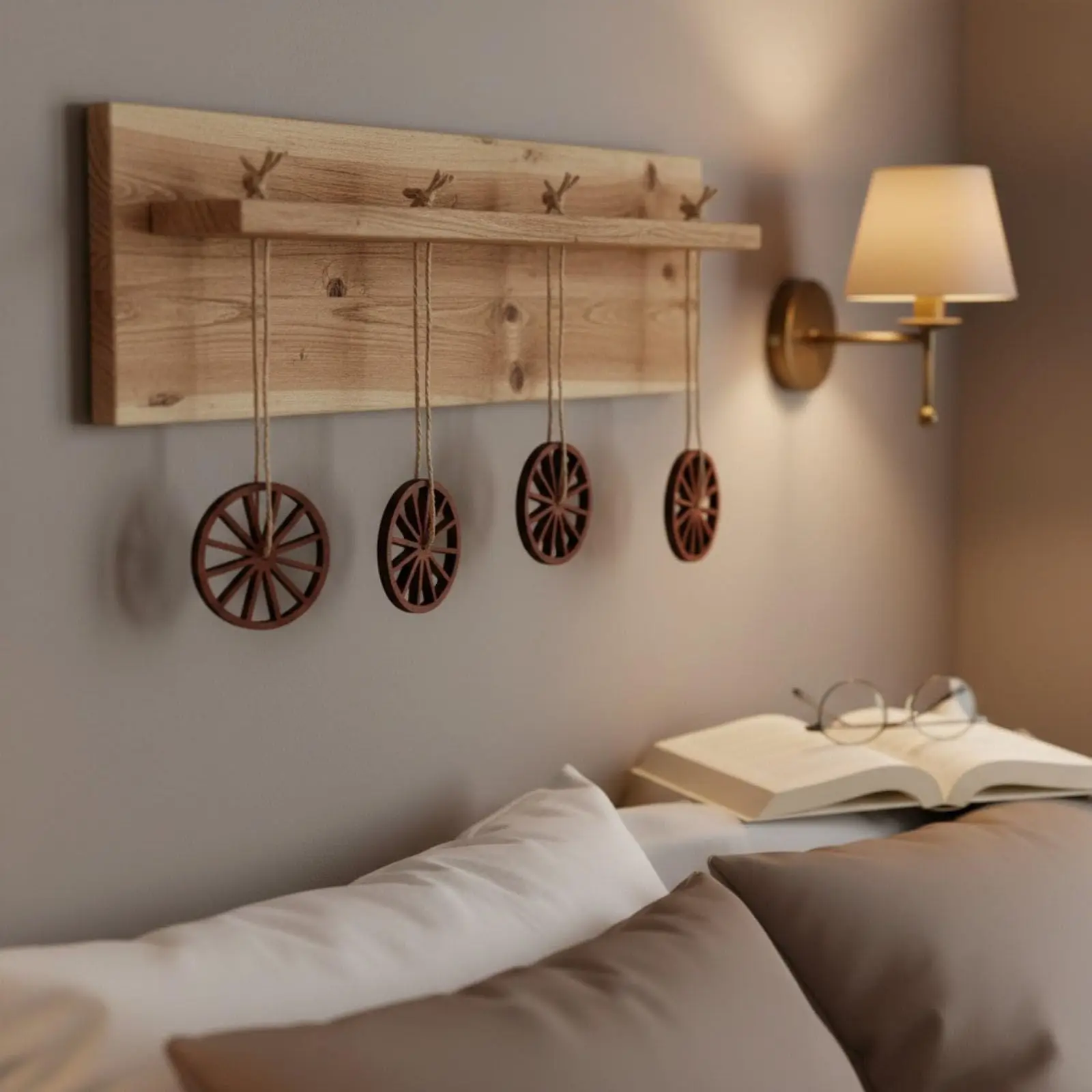 12 Pcs Wooden Vintage Small Wooden Wagon Wheels with Rope Farmhouse Style Hanging Ornament Living Room Bedroom Bar Wall Deco