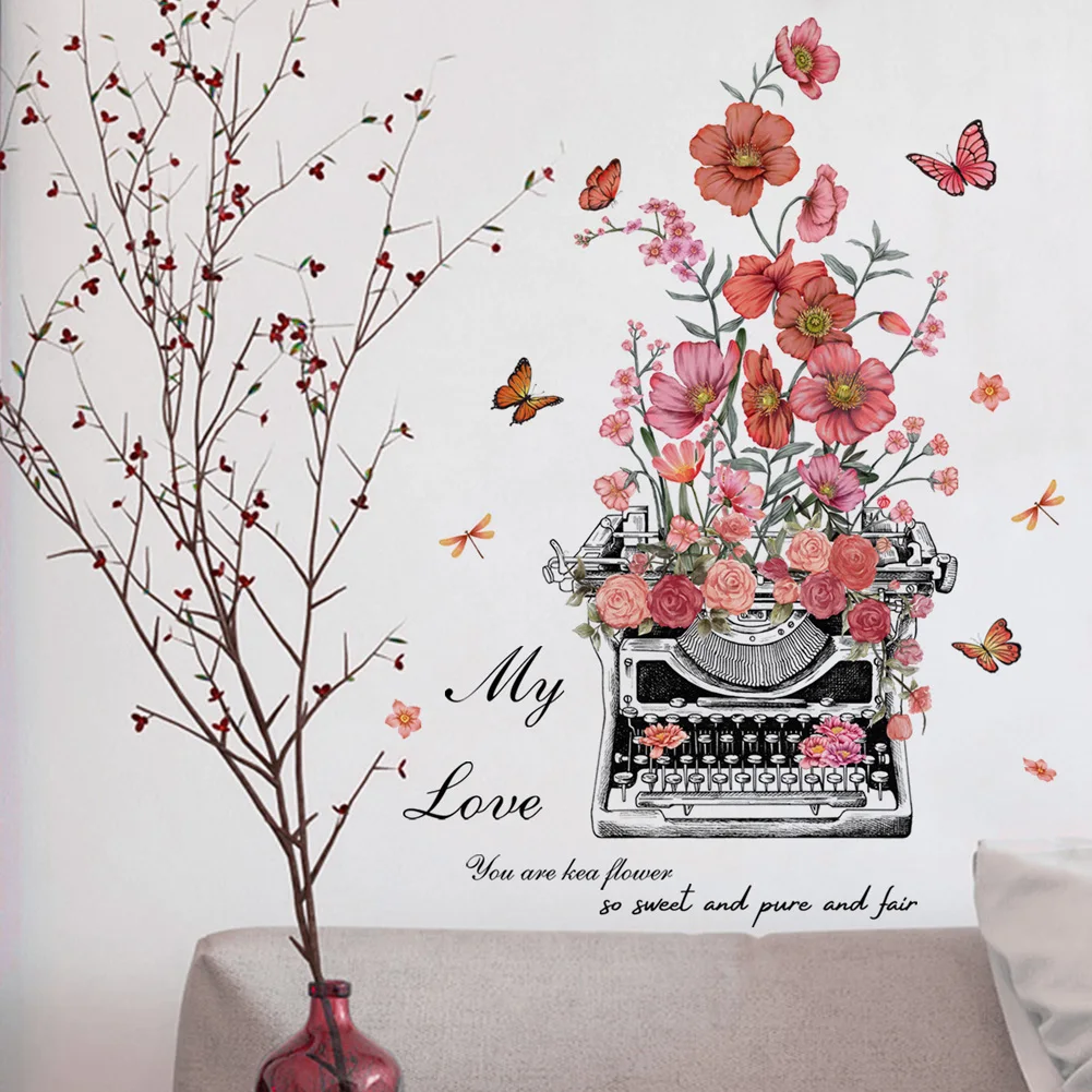 Vintage Printer Flowers Wall Sticker Living Room Sofa Background Home Decoration Wallpaper Decor Creative Self Adhesive Decals