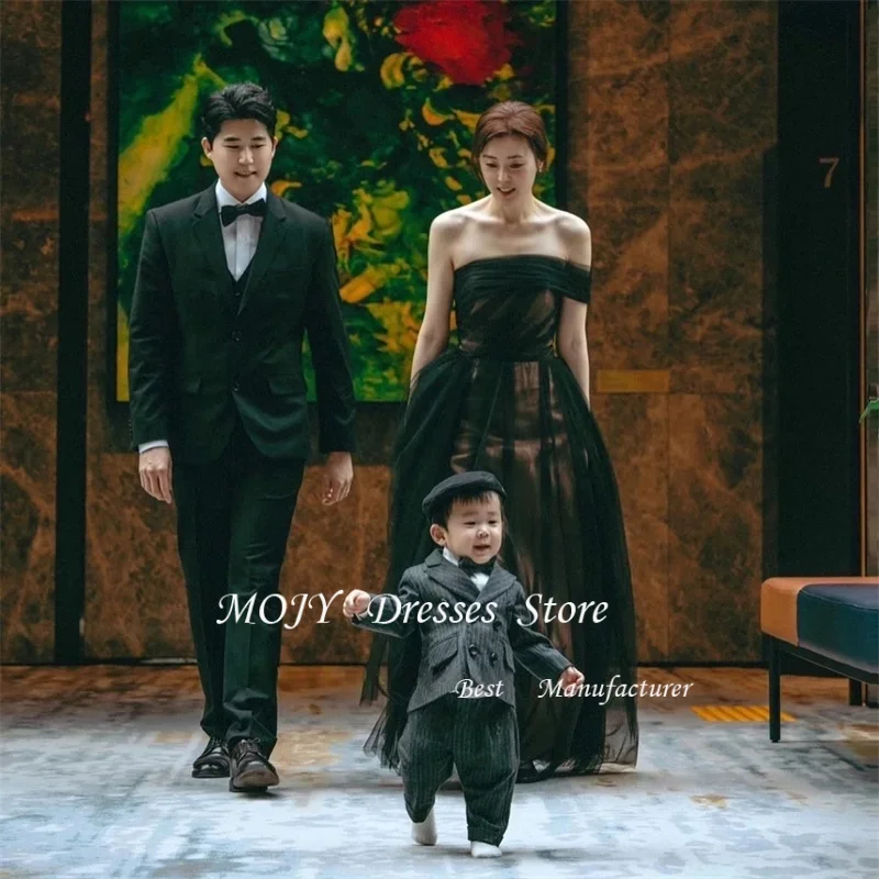 Mojy personalizado simples preto praia coreia senhora vestidos de baile tule um ombro até o chão vestido de noite formal 이