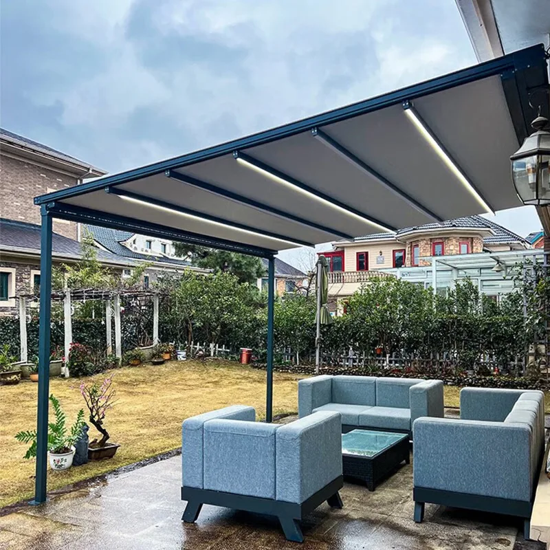 Electric canopy outdoor folding telescopic awning, courtyard balcony household aluminum alloy folding canopy curtain