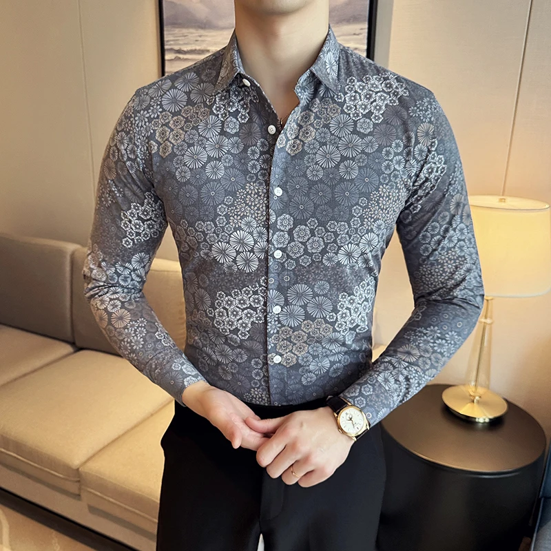 2024 Spring Flower Shirts Men High Quality Casual Business Shirt Slim Fit Long Sleeved Non-iron Shirt Social Streetwear M-4XL