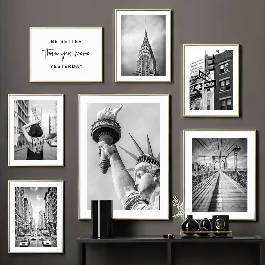 (No frame)New York Statue Of Liberty Brooklyn Bridge Black White Home Decoration Poster Print Wall Art Canvas Painting Living