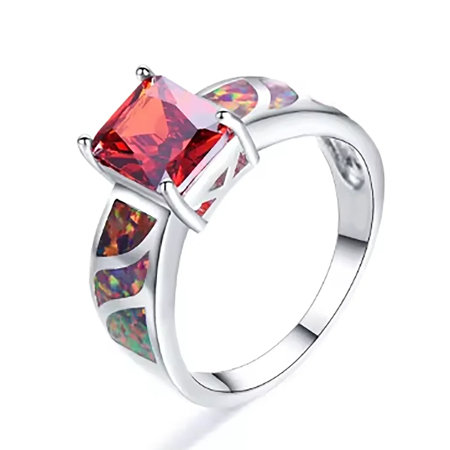 Princess Cut Synthetic CZ Ring with Opal Accents, Vintage Halo Cocktail Ring, Color Block Engagement Statement Ring for Women