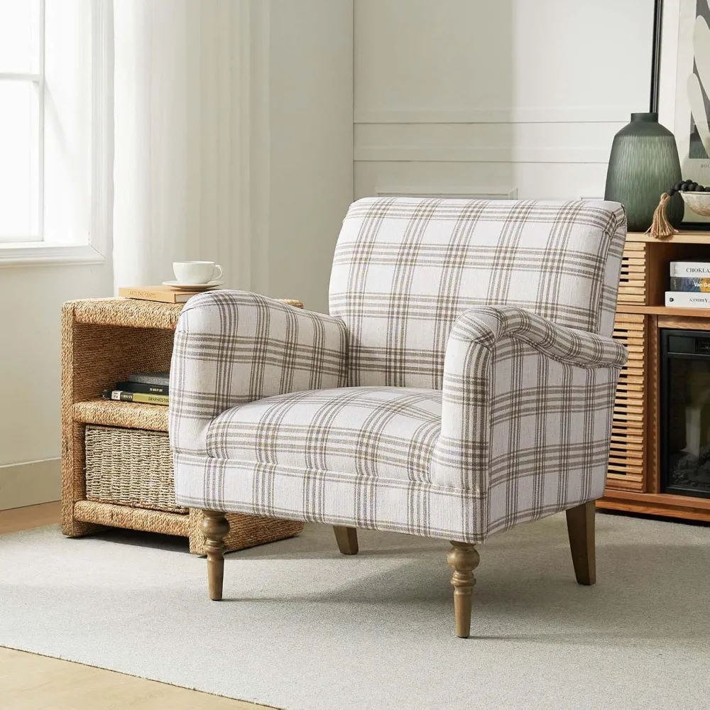 

contemporary upholstered chair with arms and wooden legs: cozy living room or bedroom accent seat in tan plaid pattern