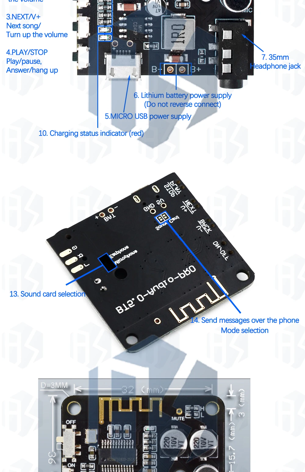 Mini Bluetooth 5.0/4,1 MP3-Decoder-Board Audio-Empfänger MP3 verlustfreier Player drahtloses Stereo-Musik verstärker modul – Detail 39