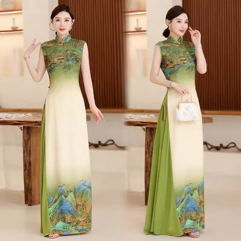 Chinese Style Women's Hgh-End Runway Qipao Performance Dress 2024 Summer Fashion Sleeveless Elegant Retro Stage Long Dress k729