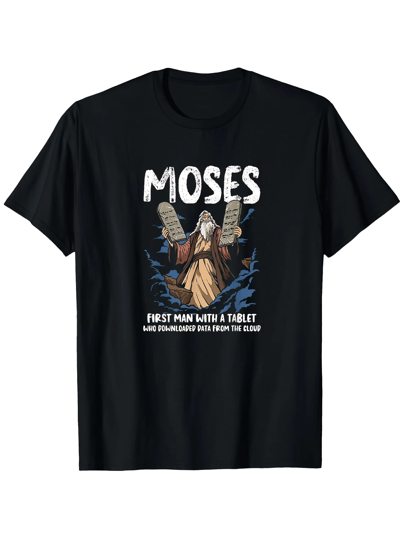 Moses T-Shirt Featuring Tablets The Original for Man with A Tablet Who Accessed Cloud Data Black Casual Crew Neck Summer