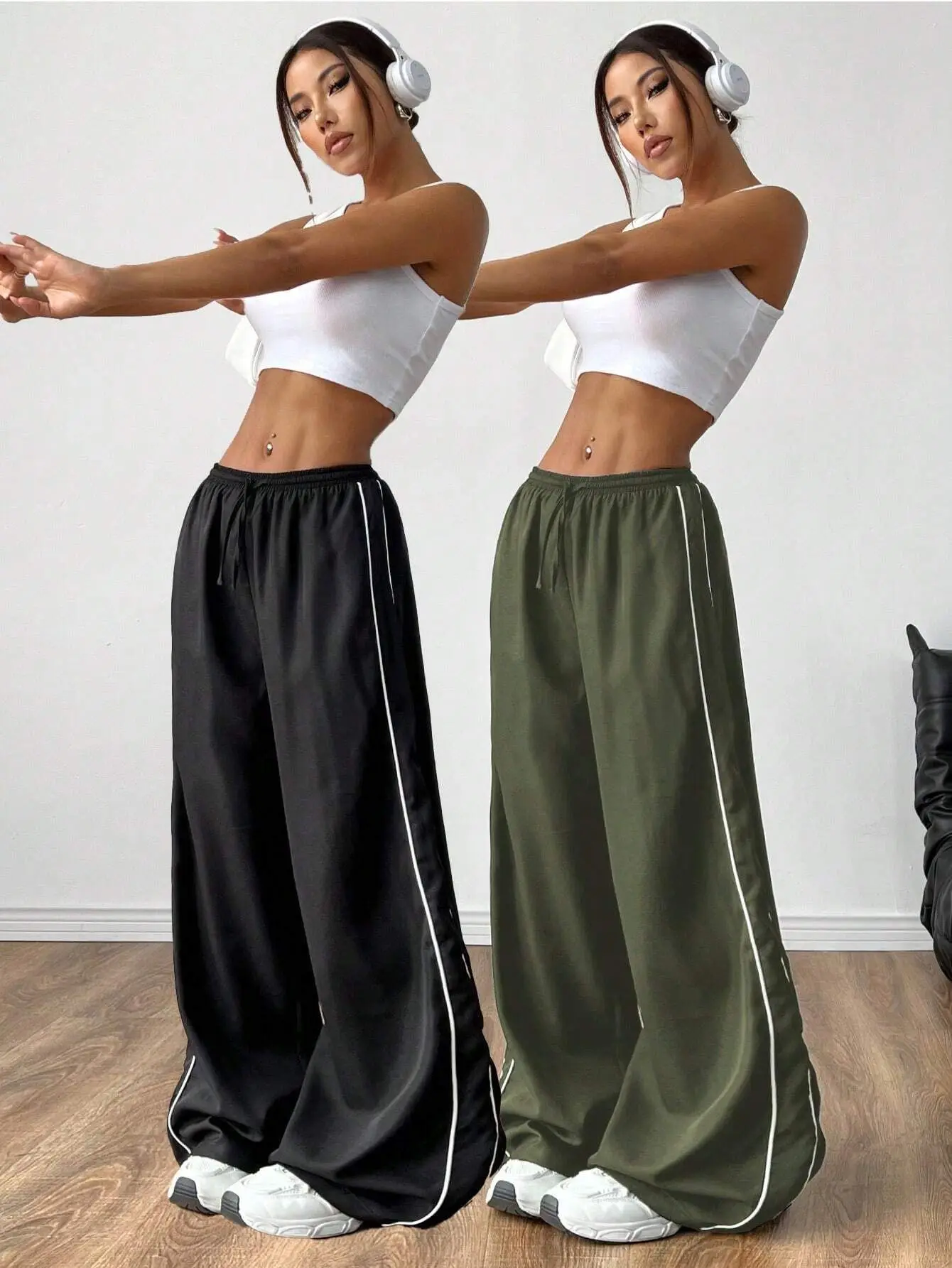 Letnie luźne spodnie na co dzień z wzorem w talii, kontrastowy kolor z boku, spodnie z szerokimi nogawkami, codzienny styl ze sznurkiem