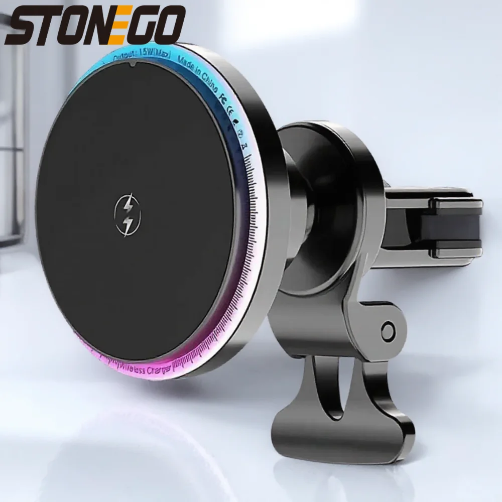 Magnetic Car Phone Holder Wireless Charger 15W Fast Charging Ambient Light Air Vent Mount for Smartphones