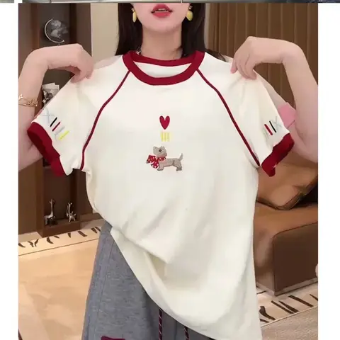 여성 순수 코튼 대비 반팔 티셔츠 여름 새로운 느슨한 패션 강아지 자수 캐주얼 o 넥 탑