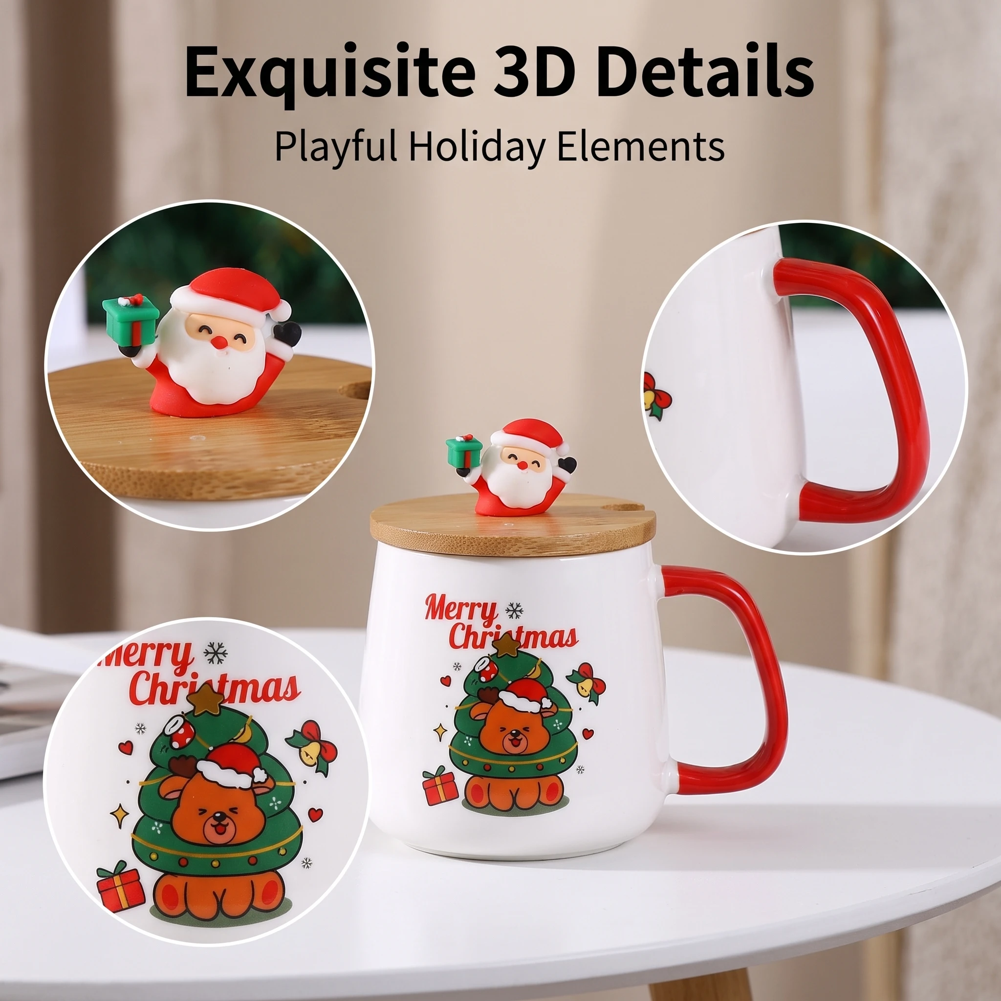 Hot Selling Christmas Ceramic Mug Cup with Lid and Spoon Christmas Gift Set Coffee Cup in Gift Box Festive Theme Ceramic