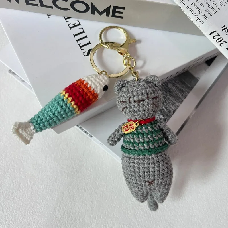 Niedlicher gehäkelter Katzenanhänger, kreativer gestrickter Katzen-Schlüsselanhänger, handgefertigter gewebter Tier-Schlüsselring, Rucksack-Deko-Geschenk – Detail 5