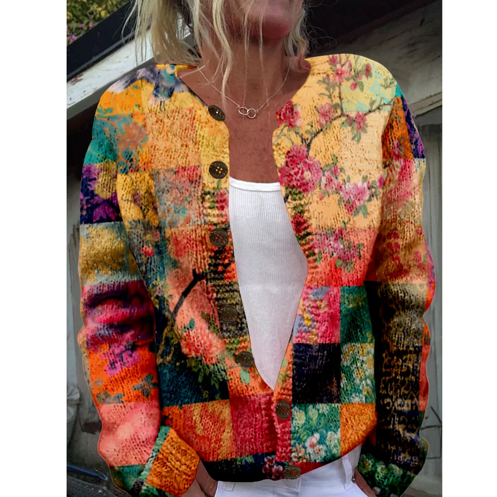 

Осень-зима вязаный клетчатый кардиган с цветочным принтом, повседневный свитер, уличная одежда, женские свитера, вязаный топ, крутые джемперы, модные
