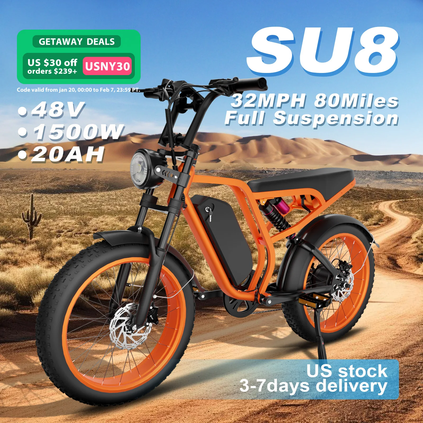 SU8 Model Electric Bike: 48V 1500W Motor, 35MPH Speed, 75-Mile Range, Detachable Battery