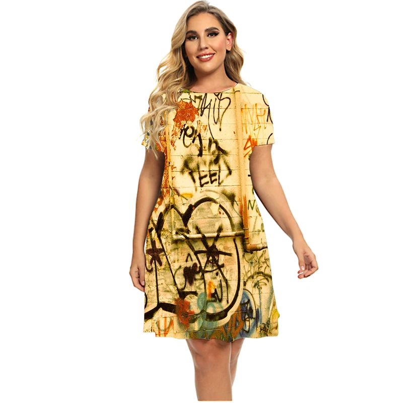 Vestido corto informal para mujer, minivestido holgado de manga corta con estampado de grafiti, talla grande 6XL