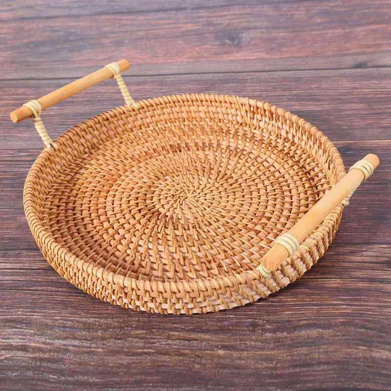 5X Rattan Bread Basket Round Woven Tea Tray With Handles For Serving Dinner Parties Coffee Breakfast (8.7 Inches)