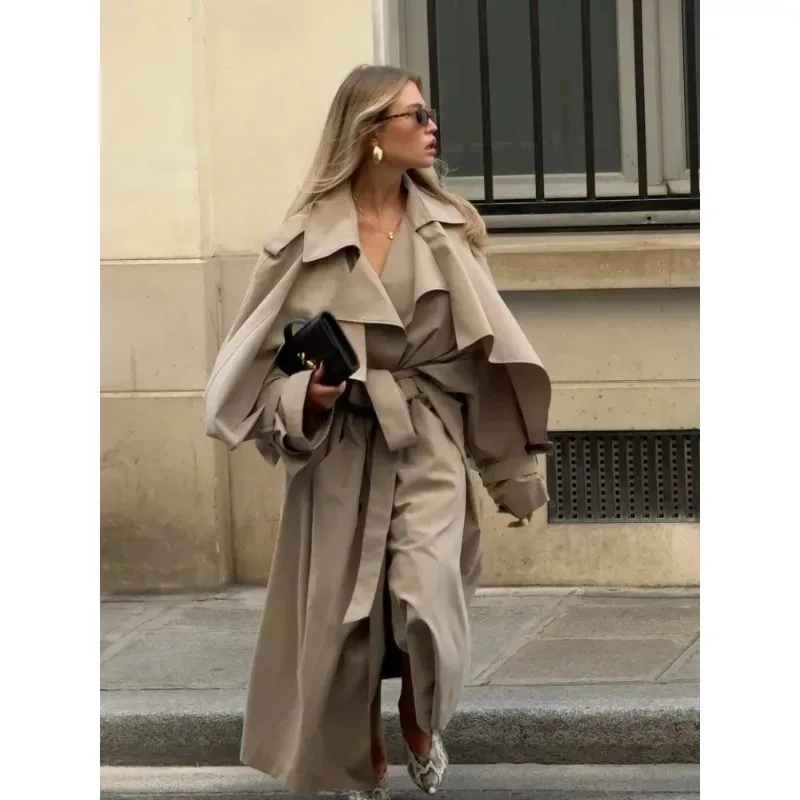 

Женский повседневный длинный тренч на шнуровке, шикарный однотонный плащ с длинными рукавами и отложным воротником, ветровка, новая модная свободная куртка для города 2026