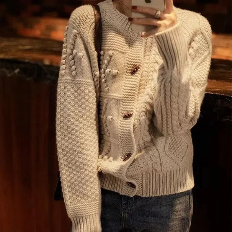 

Round Neck Autumn Winter Solid Color Button Long Sleeve Cardigan Sweater Knitted Coats Fashionable Casual Elegant Vintage Tops