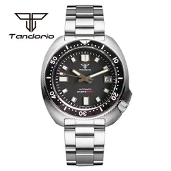 Tandorio PT5000 NH35 44mm 20Bar Automatic Men Watch Sapphire Glass Sunburst Dial C3 Lume Hands Auto Date Steel Band/Rubber Strap