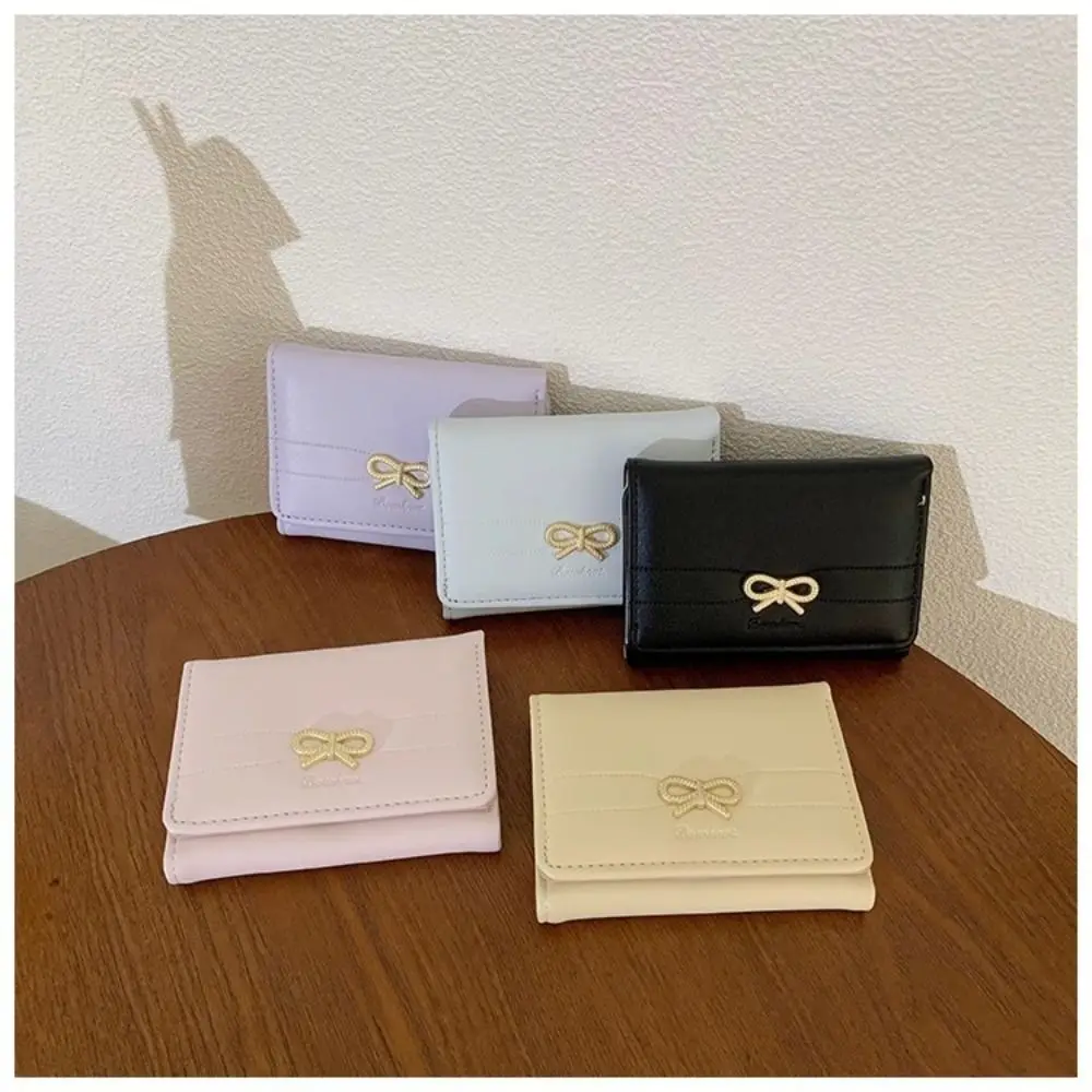 Cute Bow Tri-fold Short Wallet Multiple Card Positions PU Small Wallet Multifunctional Three Fold Purse