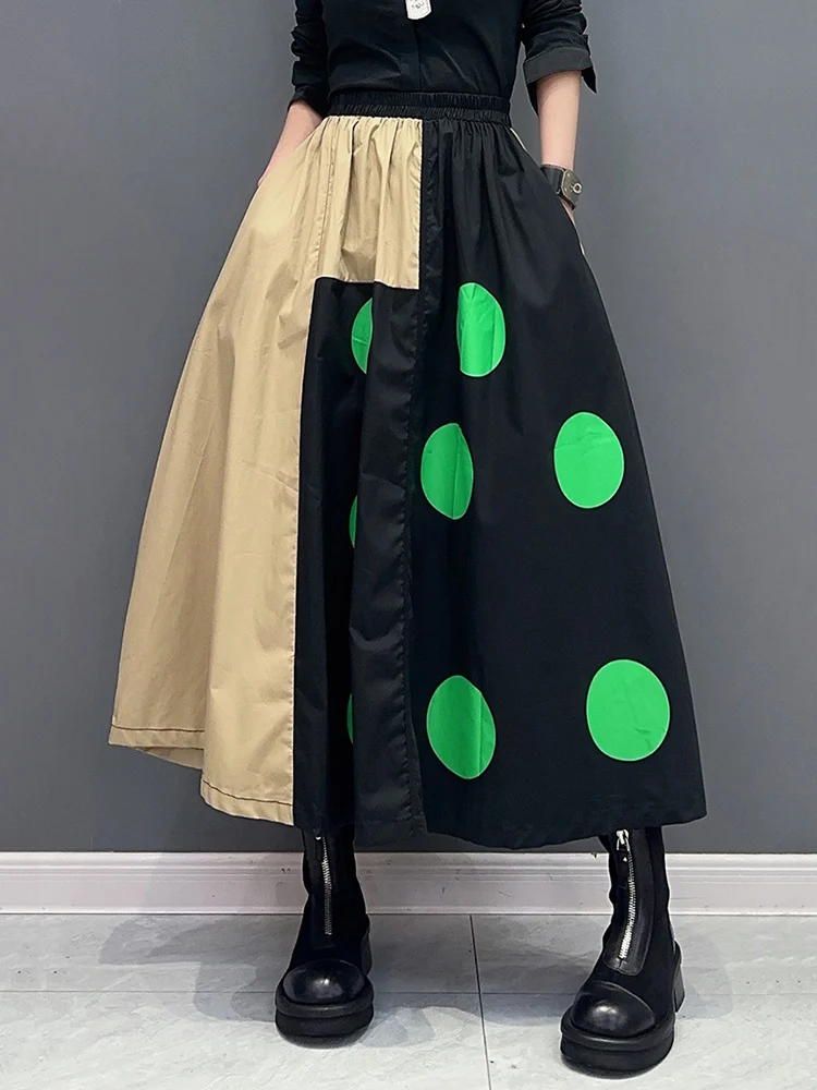 SHENGPALAE Dot Printed Skirt For Women Patchwork Contrast Color Elegance Chic Elastic Waist A-line Skirts Spring 2024 New 5R9474