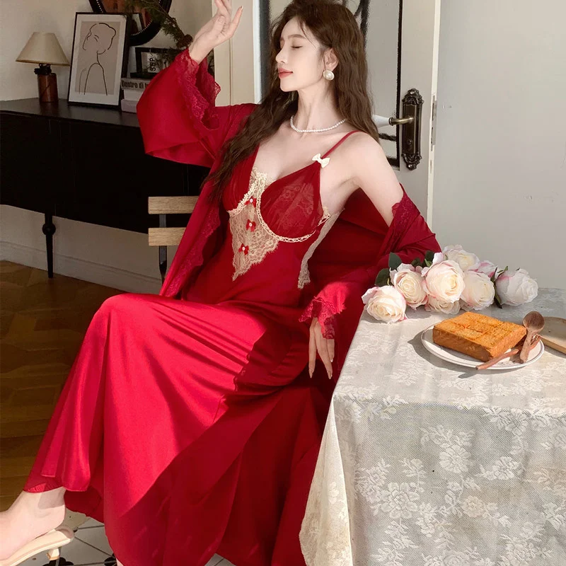 Summer Lace Sling with chest pad Bathrobe Set Women Silky Satin Nightgown Suit Spring Kimono Gown Sleepwear Nightdress