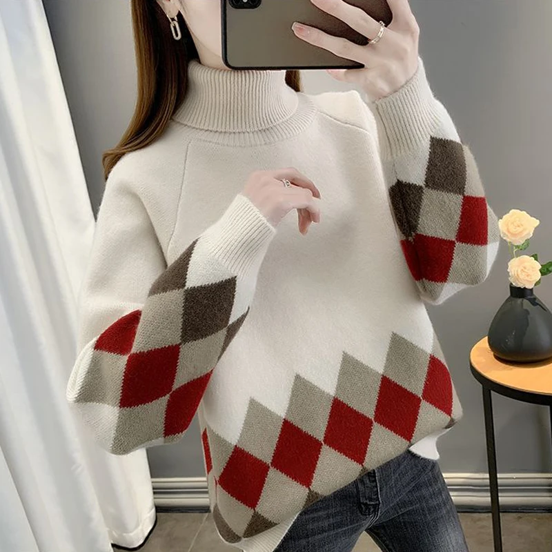 2023 Autumn Winter Women Argyle Patchwork Turtleneck Thick Knitted Sweater Female Casual Long Sleeve Loose Pullover Tops Jumpers