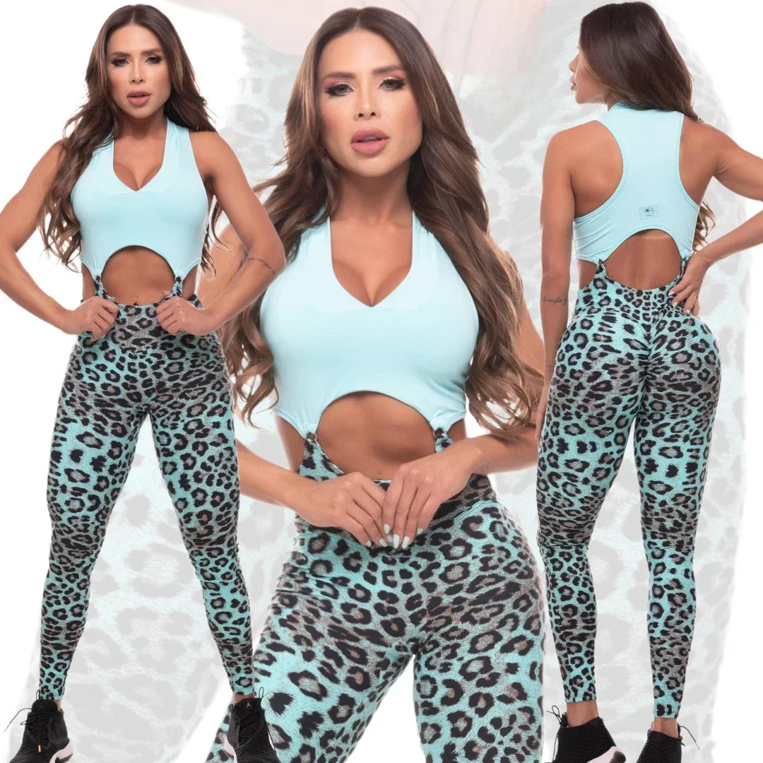 Sport Bra Scrunch Pant Leopard One Piece Jumpsuits - Women\'s Active Wear Suits for Gym Fitness Workout Legging.