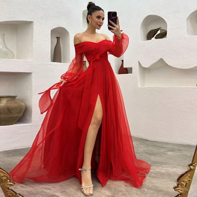 Sexy High Slit Tulle A Line Prom Dresses Sweetheart Long Sleeves Floor Length Women Cocktail Party Evening Gowns