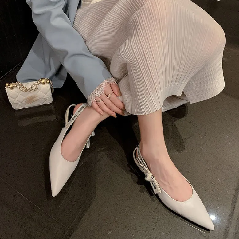 New Summer Low Block Heel Suede Pointed Toe Low-Cut Flats with Letter Back Strap Closed-Toe Sandals