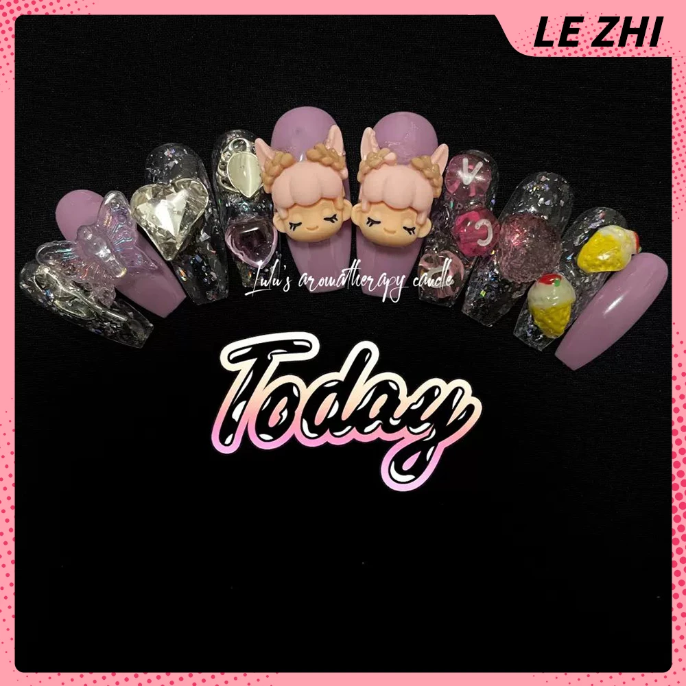 Hello Kitty Y2K Handmade Wearable Press On Nail Tips Kawaii Artificial Cartoon Bear Kuromi Coffin Glitter Full Cover Fake Nails