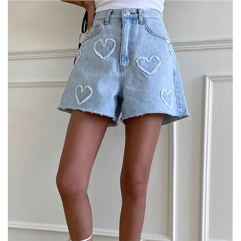 Koreaanse Denim Shorts Dames Zomer Mode Zoete Hoge Taille Hartvormig Patroon Jeans Pocket Hot Pants Casual Lichte Kleur Shorts