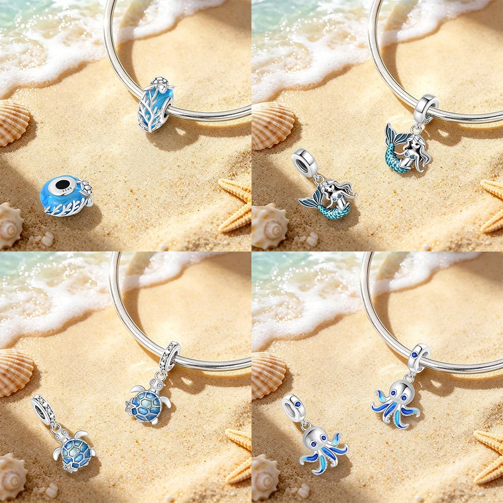 Ocean Animal Charms 925 Silver Compass Mermaid Ship Turtle Bee Beads Pendant Fit Bracelets Bag Keychain DIY Jewelry Making Gift view 3